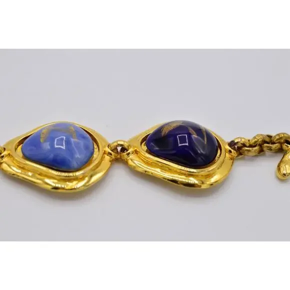 Edouard Rambaud Vintage Cabochon Bracelet Gold Blue Painted Gripoix Chunky BinY